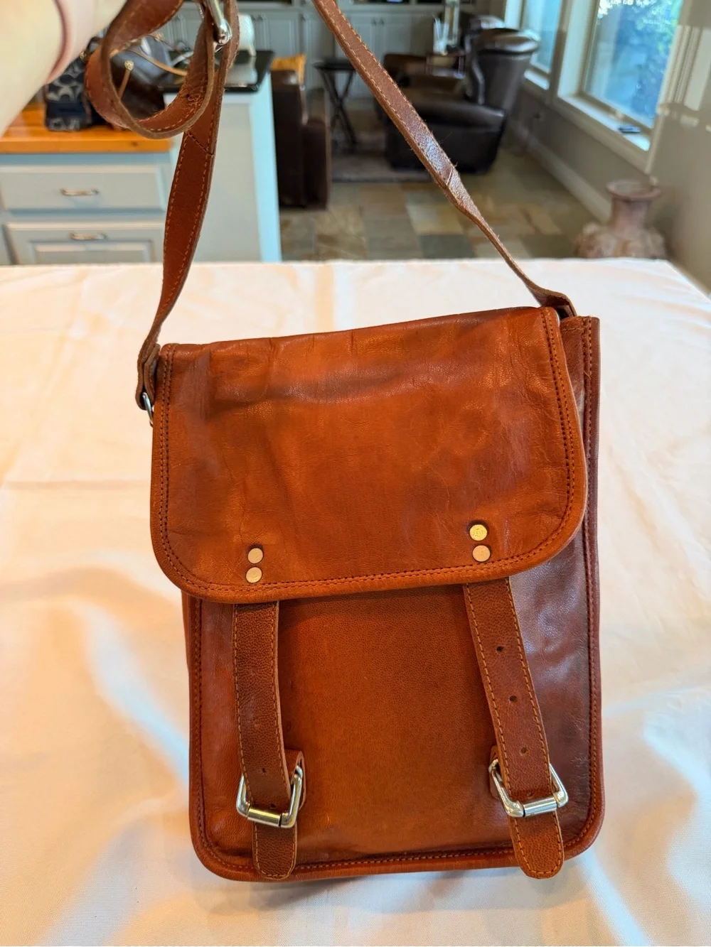 Vintage Brown Genuine Leather Messenger Long Satchel Bag with Front Buckles